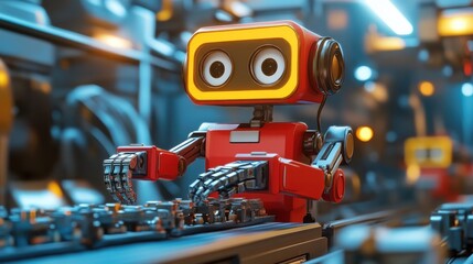 Fototapeta premium Cute anime robot assembling parts on a conveyor belt, smiling and efficient