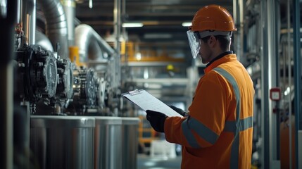 Engineer inspecting machinery in a factory, wearing safety gear and holding a clipboard
