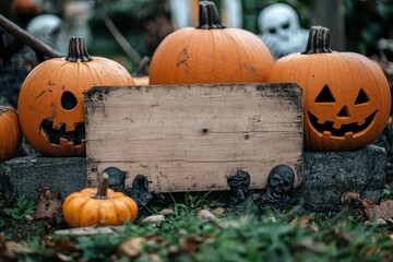 Halloween Card Party - Pumpkins And Zombies In Graveyard With Wooden Board , ai