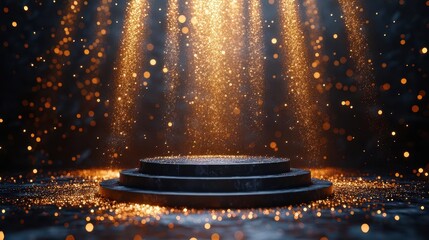 sleek black podium with spotlight golden glitter background adding luxury dramatic lighting high contrast perfect for product showcase or awards ceremony