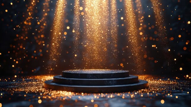 sleek black podium with spotlight golden glitter background adding luxury dramatic lighting high contrast perfect for product showcase or awards ceremony