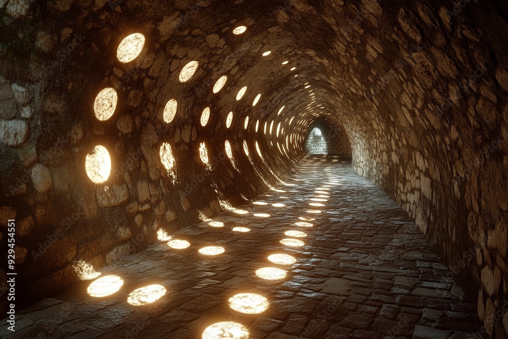 Poster sunlight filters through circular openings, casting warm patterns on the stone floor of a unique tun
