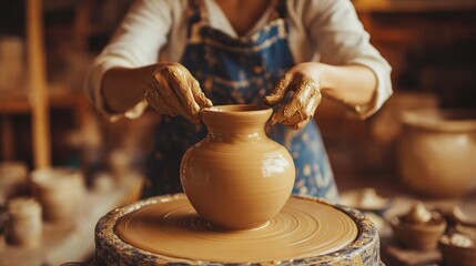 Woman practicing pottery at a wheel, shaping clay into a vase in a studio