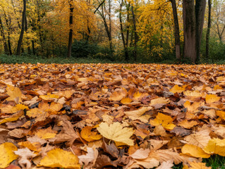 A pile of leaves on the ground with a few trees in the background