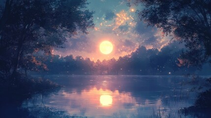 Fototapeta premium Anime ethereal landscape with a glowing moon reflecting off a calm lake, surrounded by mystical trees