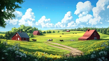 Obraz premium Anime idyllic farm with red barns, grazing cattle, and rolling fields under a bright summer sky