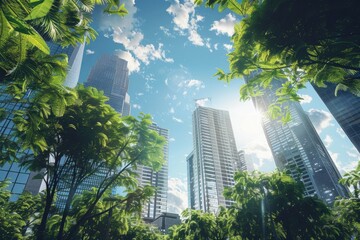 A city scene with towering skyscrapers and lush greenery in the foreground