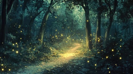 Anime moonlit forest with a path winding through the trees, illuminated by the soft glow of fireflies