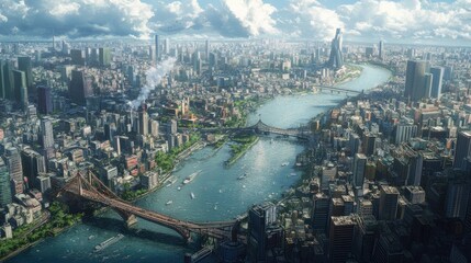 Obraz premium Anime sprawling cityscape with a river winding through the center, bridges connecting bustling neighborhoods