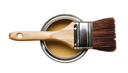 top view lay flat paint brush laying on paint can with on transparency background PNG