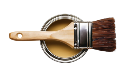 top view lay flat paint brush laying on paint can with on transparency background PNG