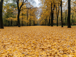 A field of autumn leaves with a few trees in the background