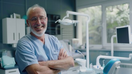 A person sitting in a dentist's chair with their arms crossed, ready for a dental procedure
