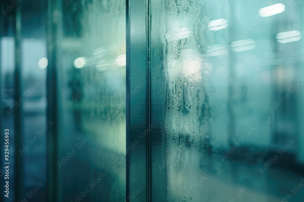 Poster a close-up view of a glass wall covered in rain, great for use in weather-related or architectural i