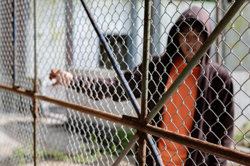 Asian male teenager puts his hand on the metal fence around detention center of his village because...