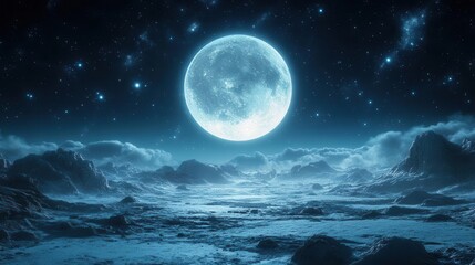 Fototapeta premium surreal lunar landscape gigantic moon dominating horizon ethereal bioluminescent flora alien terrain dreamy bokeh effect otherworldly atmosphere