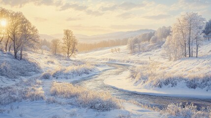 Obraz premium Frosty morning landscape with a river winding through a snow-covered valley, under a pale winter sun
