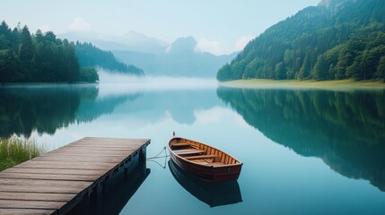 A tranquil lake scene with a wooden boat and misty mountains in the background.