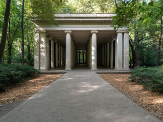 A long, empty hallway with pillars and a large archway