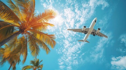 tropical paradise takeoff sleek passenger jet soars past a vibrant palm tree leaving contrails in a brilliant blue sky streaked with wispy clouds