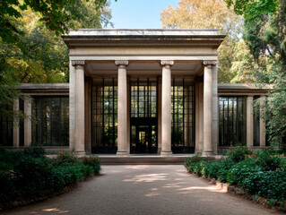 A long, empty hallway with pillars and a large archway