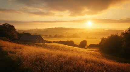 Fototapeta premium Golden sunset over a peaceful countryside, with rolling hills and a rustic barn in the distance