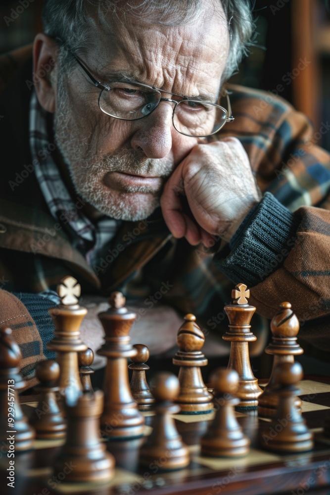 Poster A person sitting at a table with a chess board, focused on the game