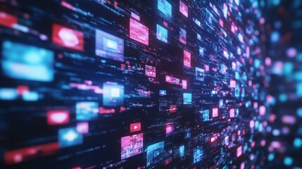 Fototapeta premium Abstract background of digital media and news, video streaming service concept with many screens. Digital wall full of icons for television network or social networks, 