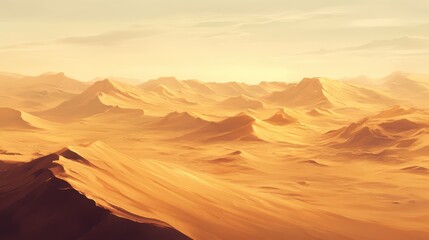 Naklejka premium A vast desert landscape with rolling sand dunes under a warm, golden light.