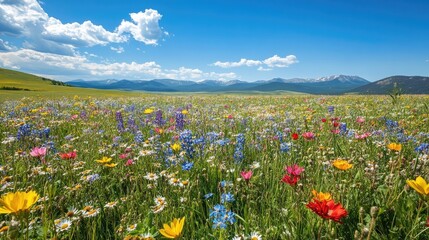 Obraz premium Peaceful meadow with wildflowers in bloom, under a bright blue sky with distant mountains