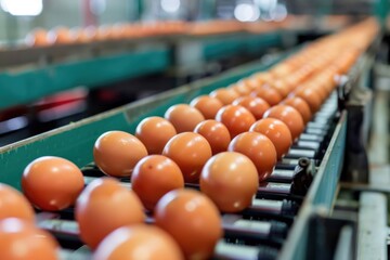 Eggs on a conveyor belt ready for packaging or processing, versatile image suitable for food-related themes and concepts