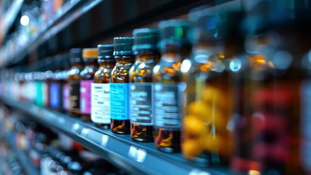 A collection of amber bottles containing herbal supplements and vitamins organized neatly on store shelves, showcasing a variety of colors and labels.