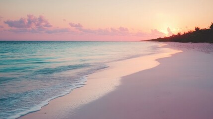 Serene beach with soft white sand and gentle waves lapping the shore, under a pastel-colored evening sky