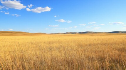 Obraz premium A vast golden field under a bright blue sky with scattered clouds.