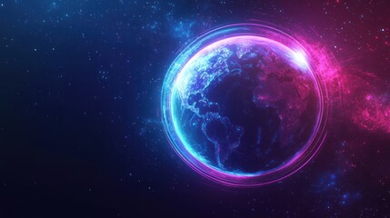Abstract futuristic background with neon glowing planet Earth inside the circle, digital world concept. Futuristic technology and science abstract banner design. 