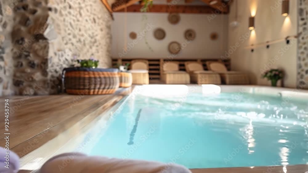 Poster a tranquil spa space showcases a warm indoor pool surrounded by comfortable seating and neatly folde