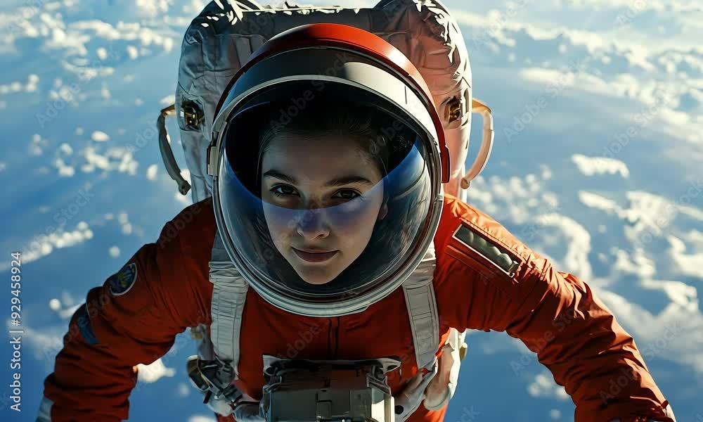 Sticker young astronaut floating in space above earth with ai generated.