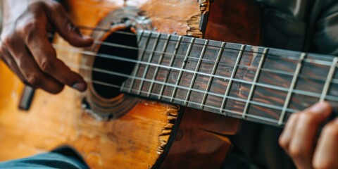 Obraz premium A close-up of a musician hands strumming an acoustic guitar