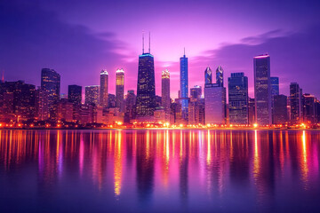 Fototapeta premium A city skyline is reflected in the water at night