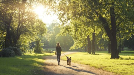 Fototapeta premium Woman walking her dog in a scenic park, both enjoying the fresh air and exercise on a sunny day