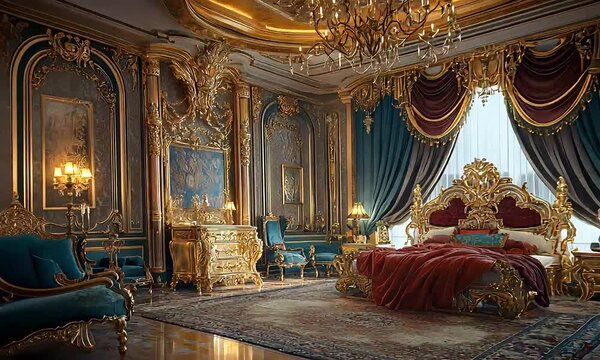 Luxurious baroque bedroom with ornate gold furnishings with ai generated.
