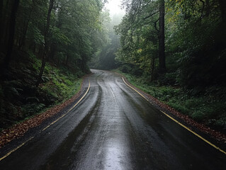 Obraz premium A road with leaves on the ground and a wet road