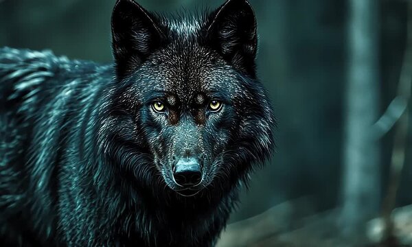 Black Wolf Staring Intently in Dark Forest with ai generated.
