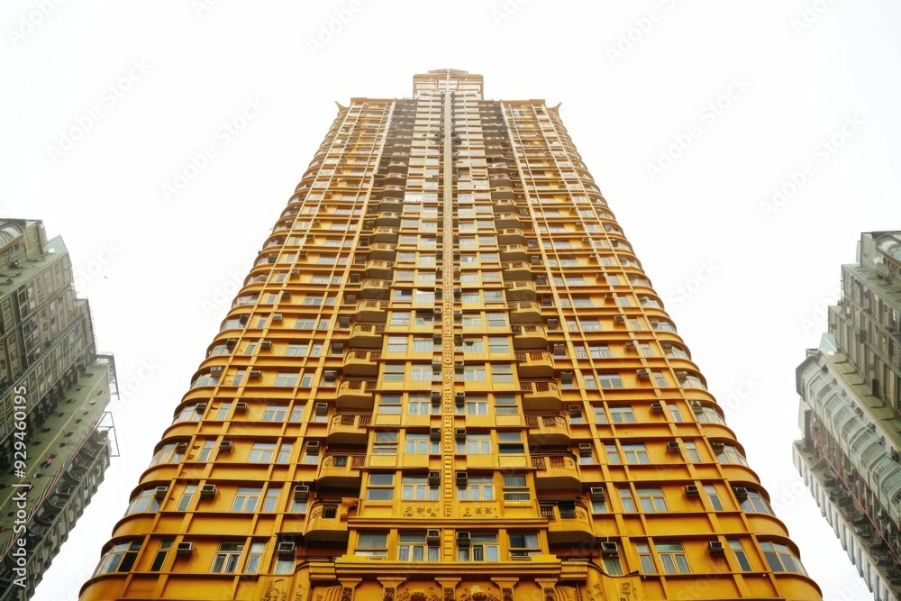 Poster A tall building with many windows in a city, suitable for use as a background or architecture concept