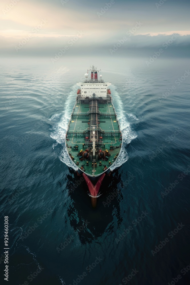 Poster large cargo ship sailing through the ocean with container ships in the background, suitable for comm
