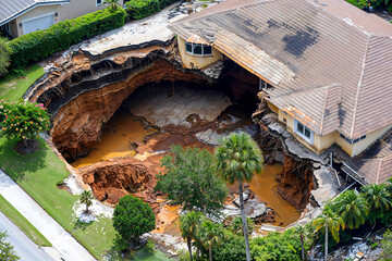 Large sinkhole in Florida neighborhood, aerial shot