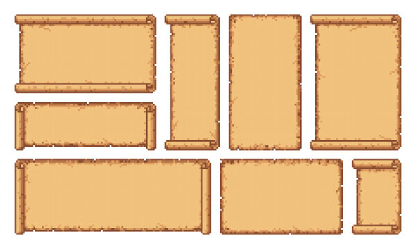 8 bit pixel art medieval paper scroll, parchment and manuscript, vector retro arcade game assets and app UI. Pixel art pirate treasure map scroll, old document, ancient papyrus, letter or diploma
