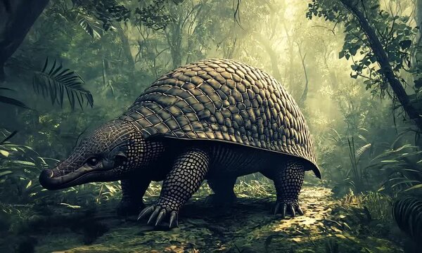 Giant prehistoric armadillo in dense jungle with ai generated.
