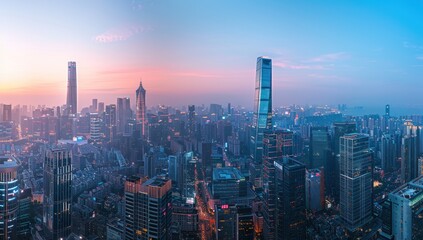 Fototapeta premium Cityscape at Dusk, Aerial View of Modern Skyscrapers