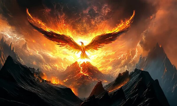 Majestic Phoenix Rising from Fiery Volcano with ai generated.
